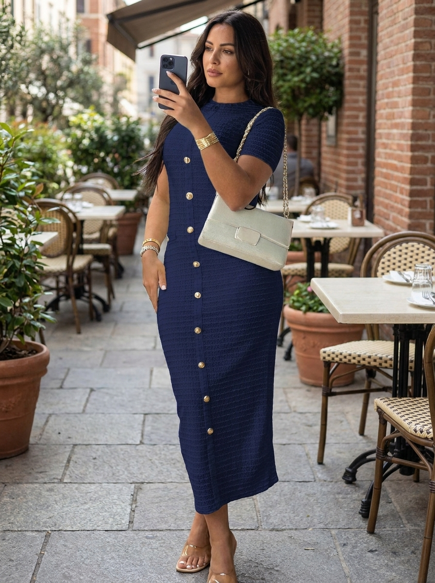 REGAN - Elegant Round Neck Fake Button Dress