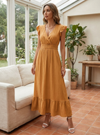 AVALERI - Elegant Shirred V-Neck Summer Maxi Dress