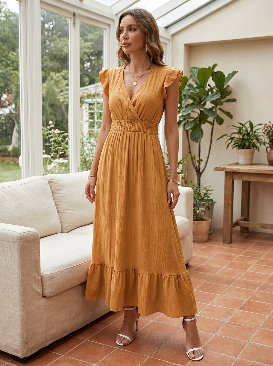 AVALERI - Elegant Shirred V-Neck Summer Maxi Dress