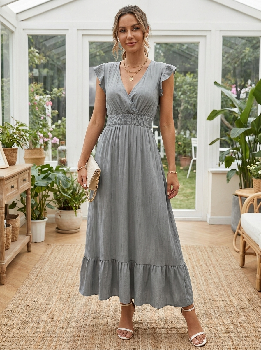 AVALERI - Elegant Shirred V-Neck Summer Maxi Dress