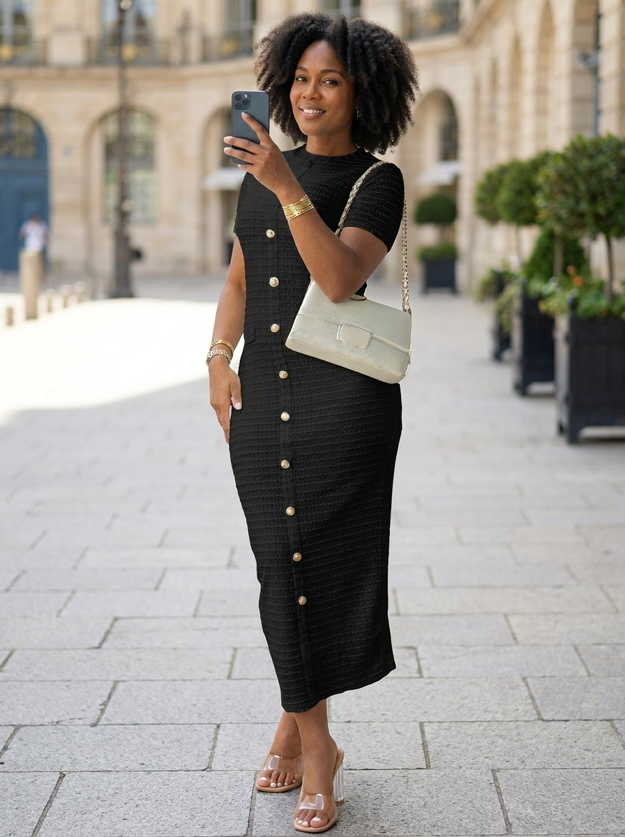 RACHEL - Elegant Round Neck Fake Button Dress