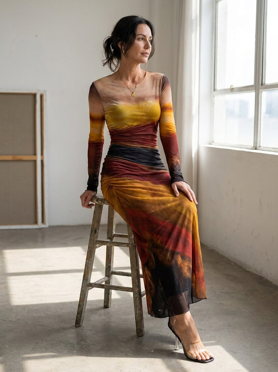 JULIA - Comfy Printed Long Sleeve Round Neck Bodycon Maxi Dress