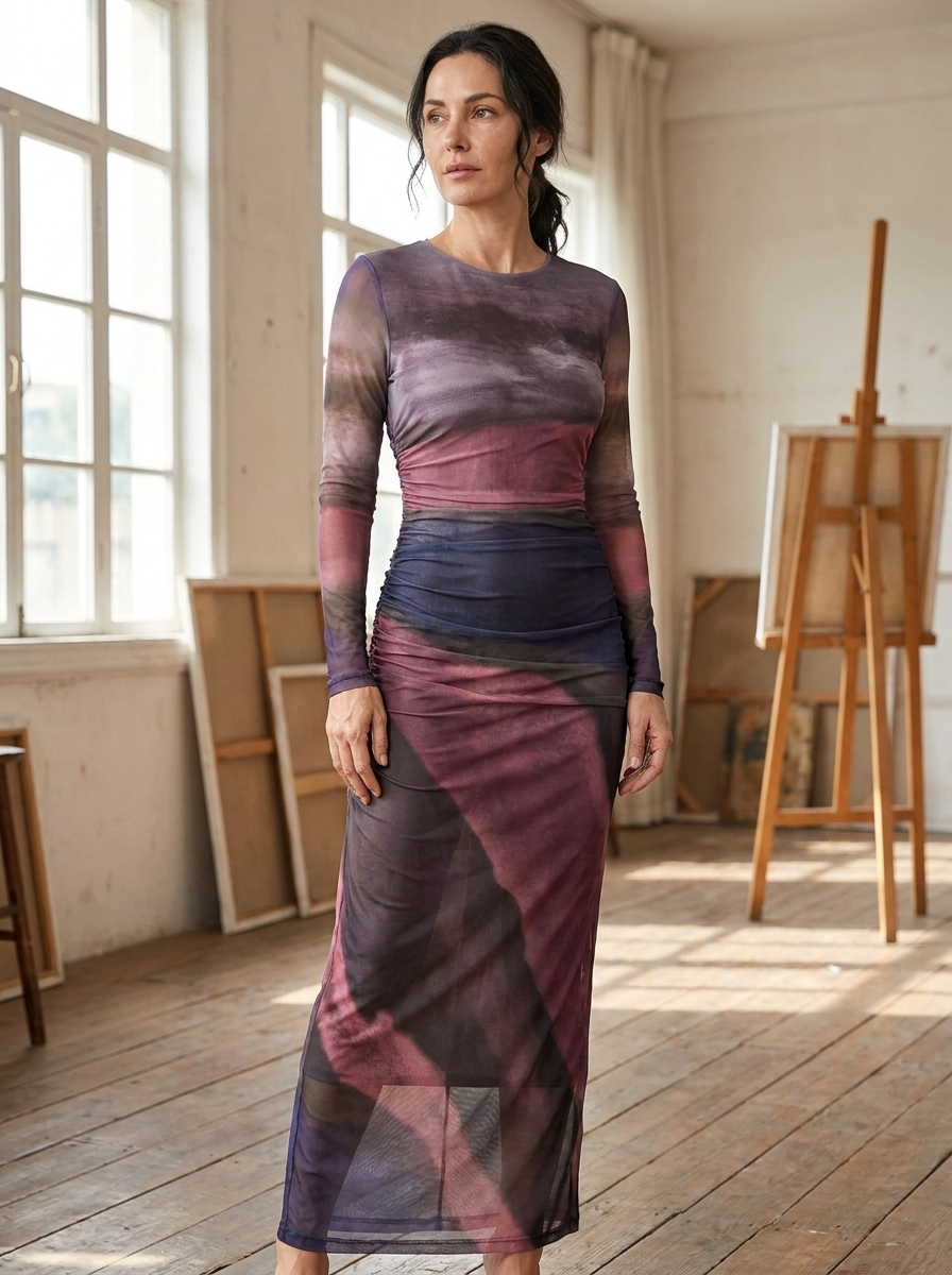 JULIA - Comfy Printed Long Sleeve Round Neck Bodycon Maxi Dress
