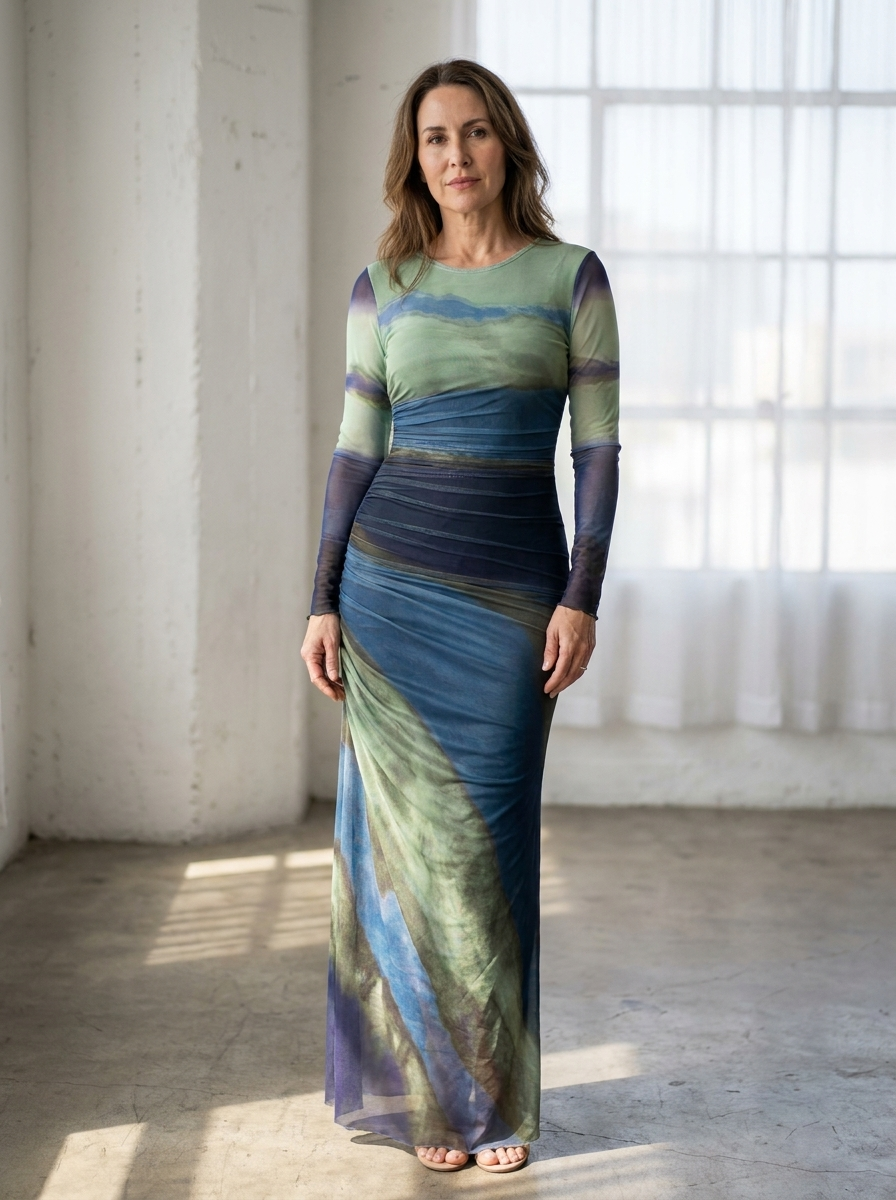 JULIA - Comfy Printed Long Sleeve Round Neck Bodycon Maxi Dress