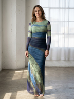 JULIA - Comfy Printed Long Sleeve Round Neck Bodycon Maxi Dress