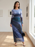 JULIA - Comfy Printed Long Sleeve Round Neck Bodycon Maxi Dress