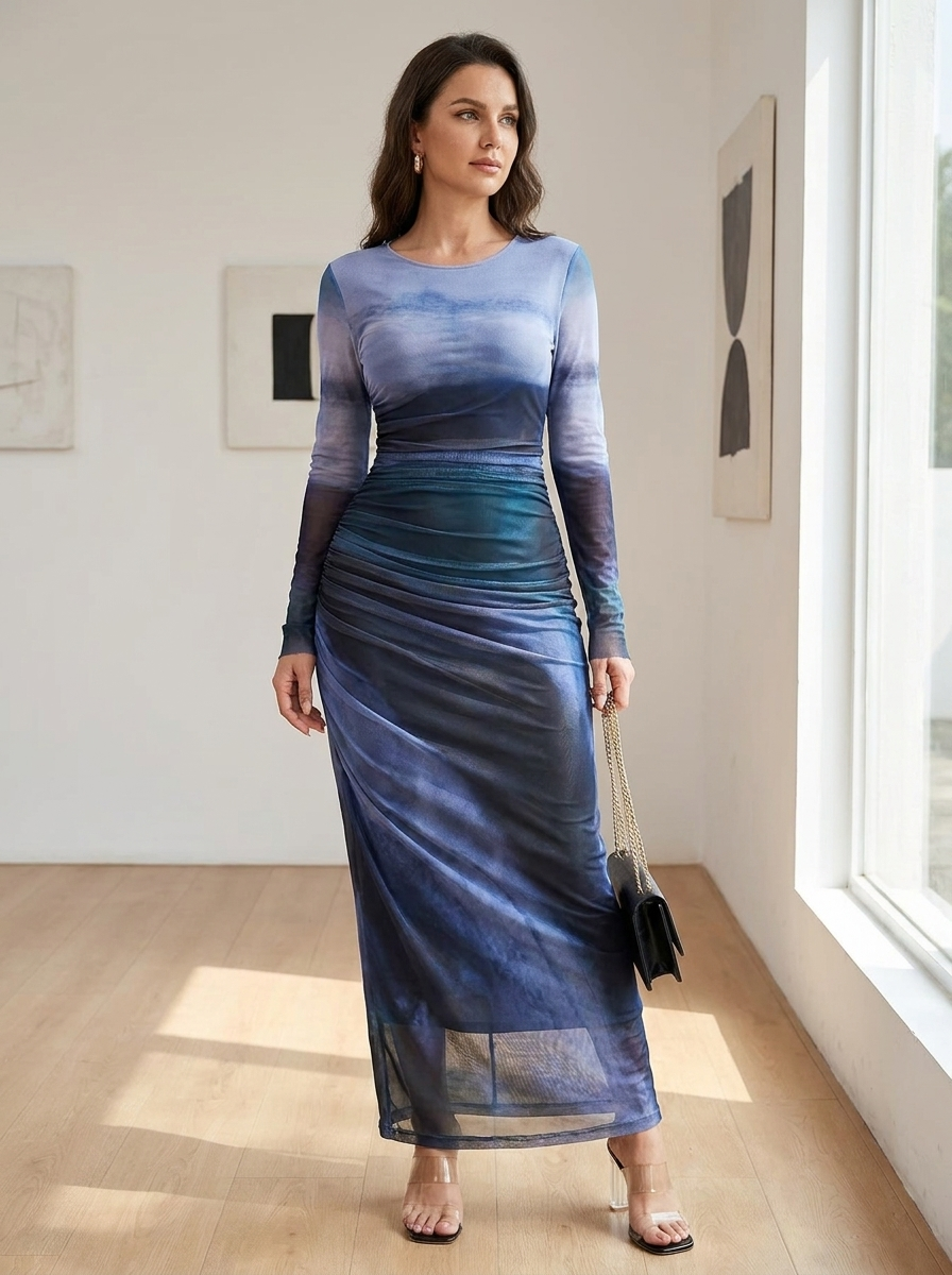 JULIA - Comfy Printed Long Sleeve Round Neck Bodycon Maxi Dress