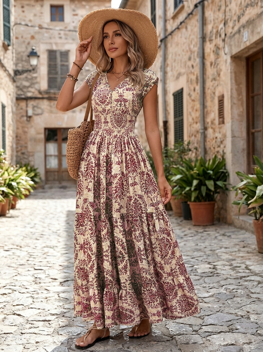 SARKI - Chic Summer V-Neck Shirred Boho Dress