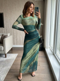 TORINA - Comfy Printed Long Sleeve Round Neck Bodycon Maxi Dress