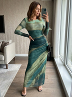 TORINA - Comfy Printed Long Sleeve Round Neck Bodycon Maxi Dress