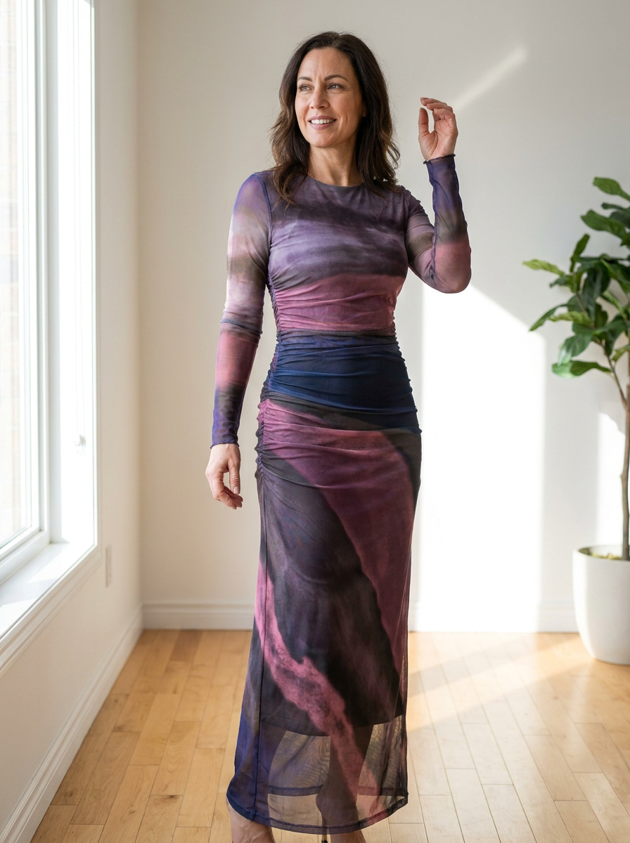 TORINA - Comfy Printed Long Sleeve Round Neck Bodycon Maxi Dress