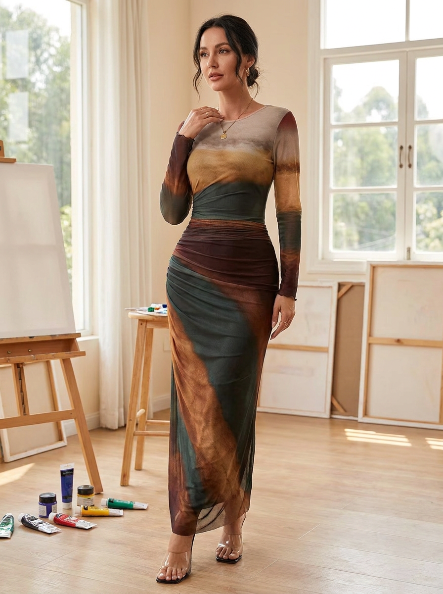 TORINA - Comfy Printed Long Sleeve Round Neck Bodycon Maxi Dress