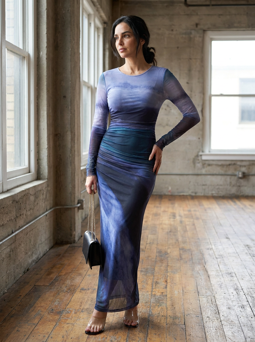 TORINA - Comfy Printed Long Sleeve Round Neck Bodycon Maxi Dress