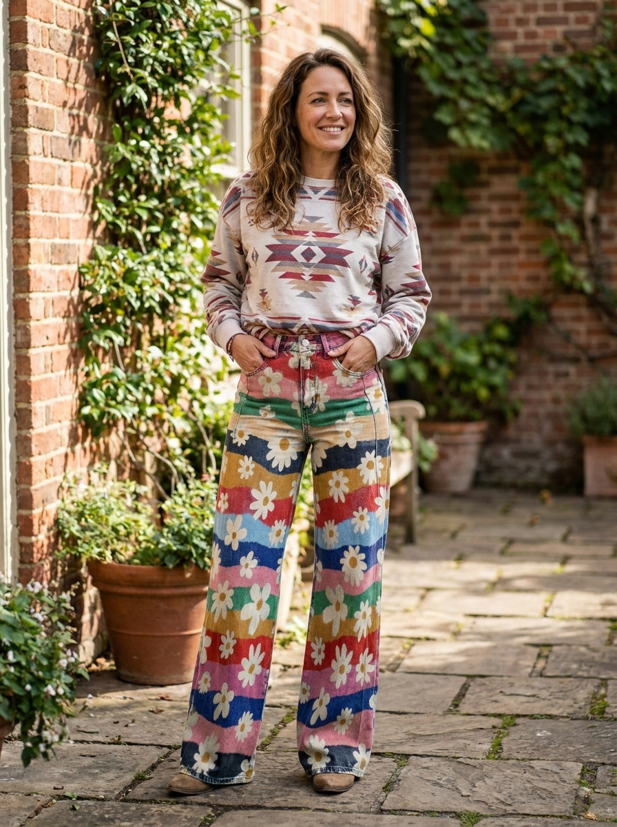 ELIANE - Retro Floral Wide-Leg Pants