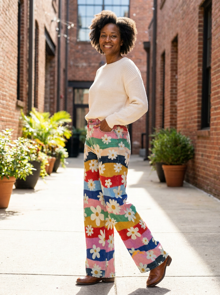 ELIANE - Retro Floral Wide-Leg Pants