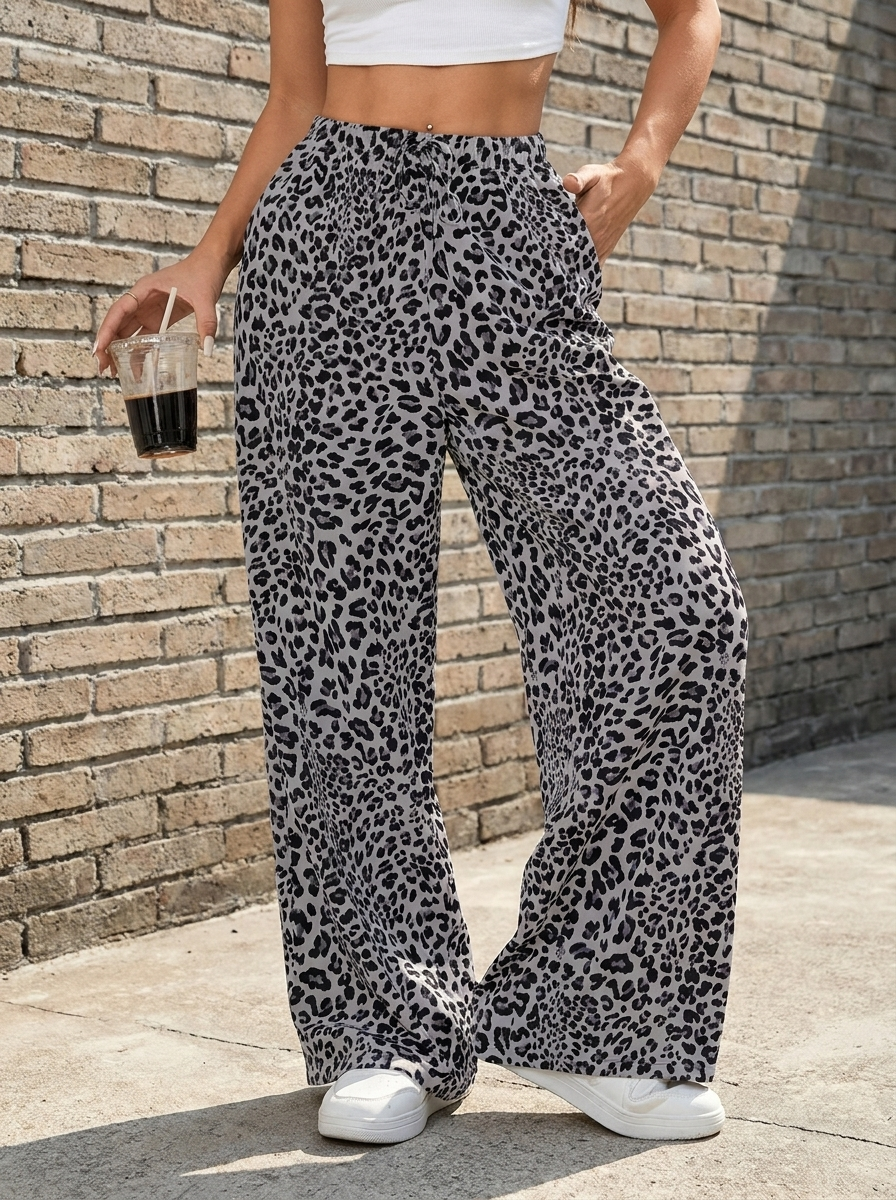 SYALA - Vintage Leopard Tie Front Wide Leg Pants