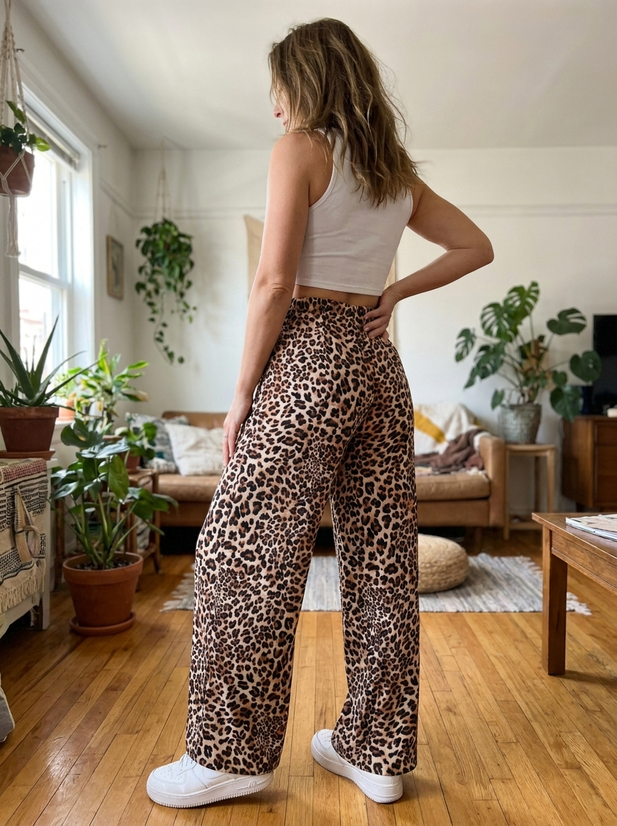 SYALA - Vintage Leopard Tie Front Wide Leg Pants
