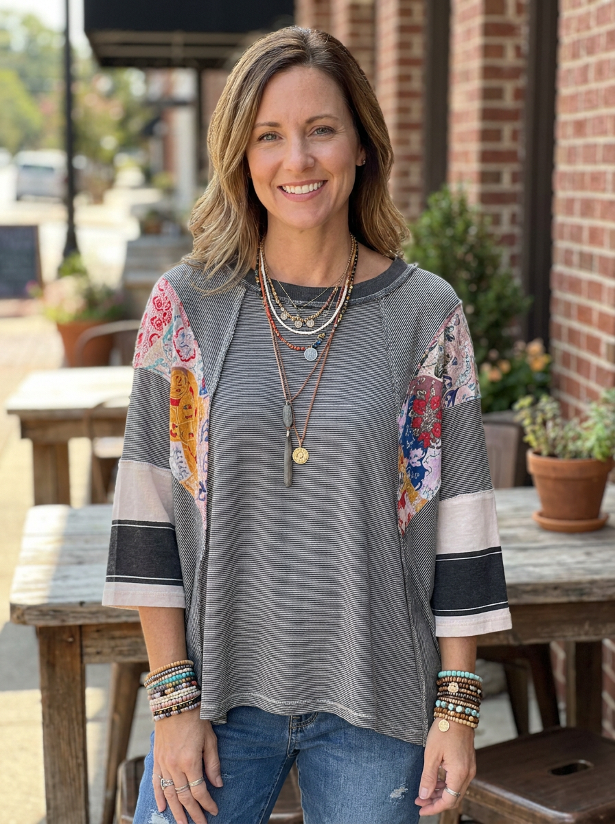 BAILEY – Lightweight Patchwork Batwing Top