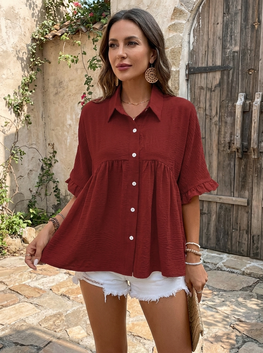 ELLASA - Casual Plus Size Ruffle Button-Front Blouse