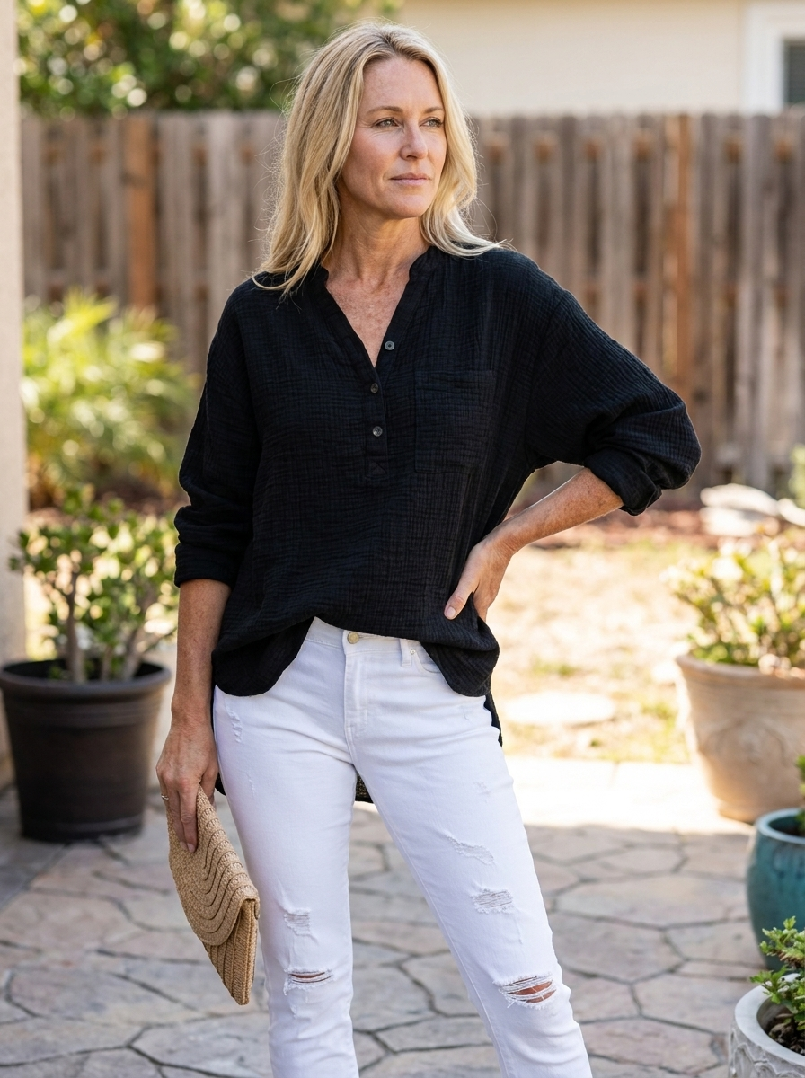 BRYLIN - Casual Button V-Neck Long Sleeve Oversized Blouse