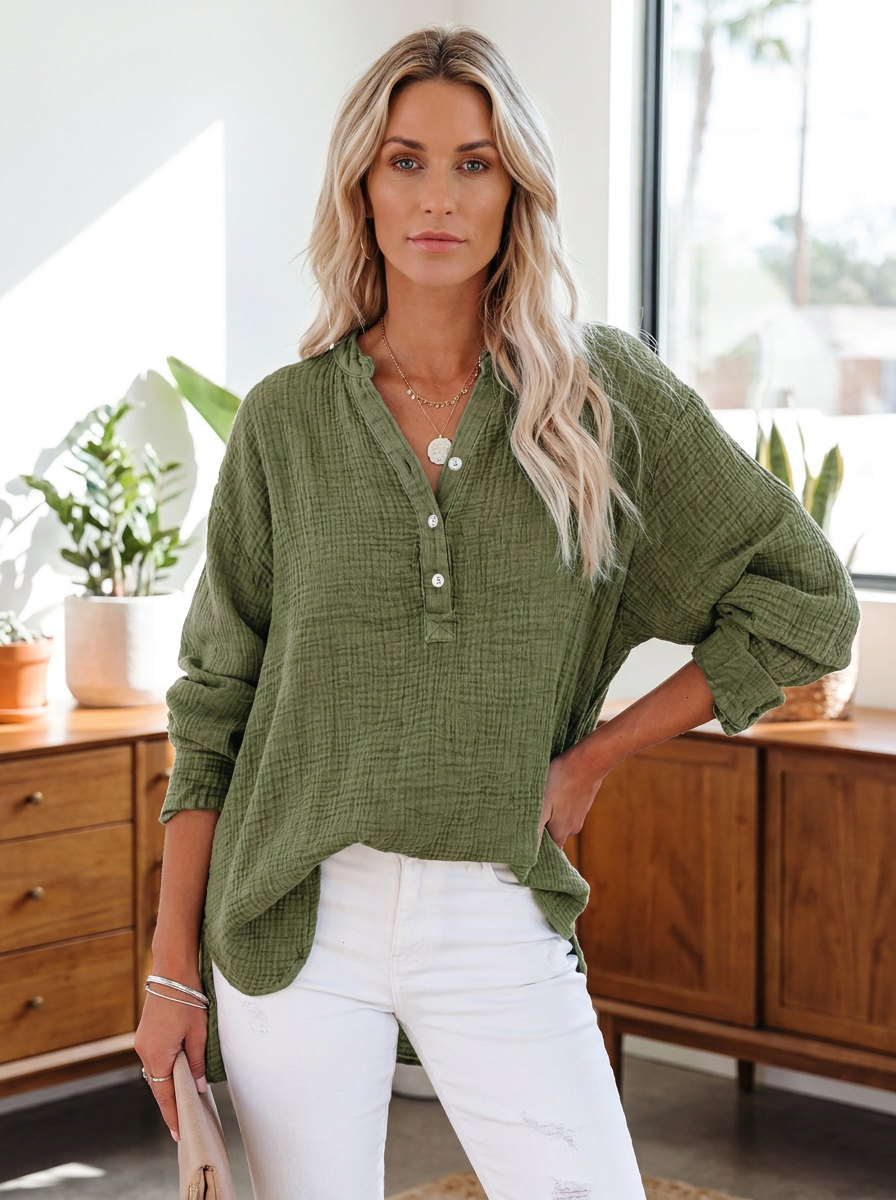 BRYLIN - Casual Button V-Neck Long Sleeve Oversized Blouse