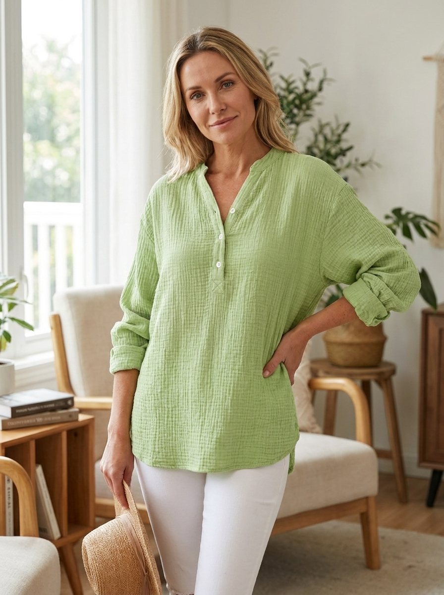BRYLIN - Casual Button V-Neck Long Sleeve Oversized Blouse