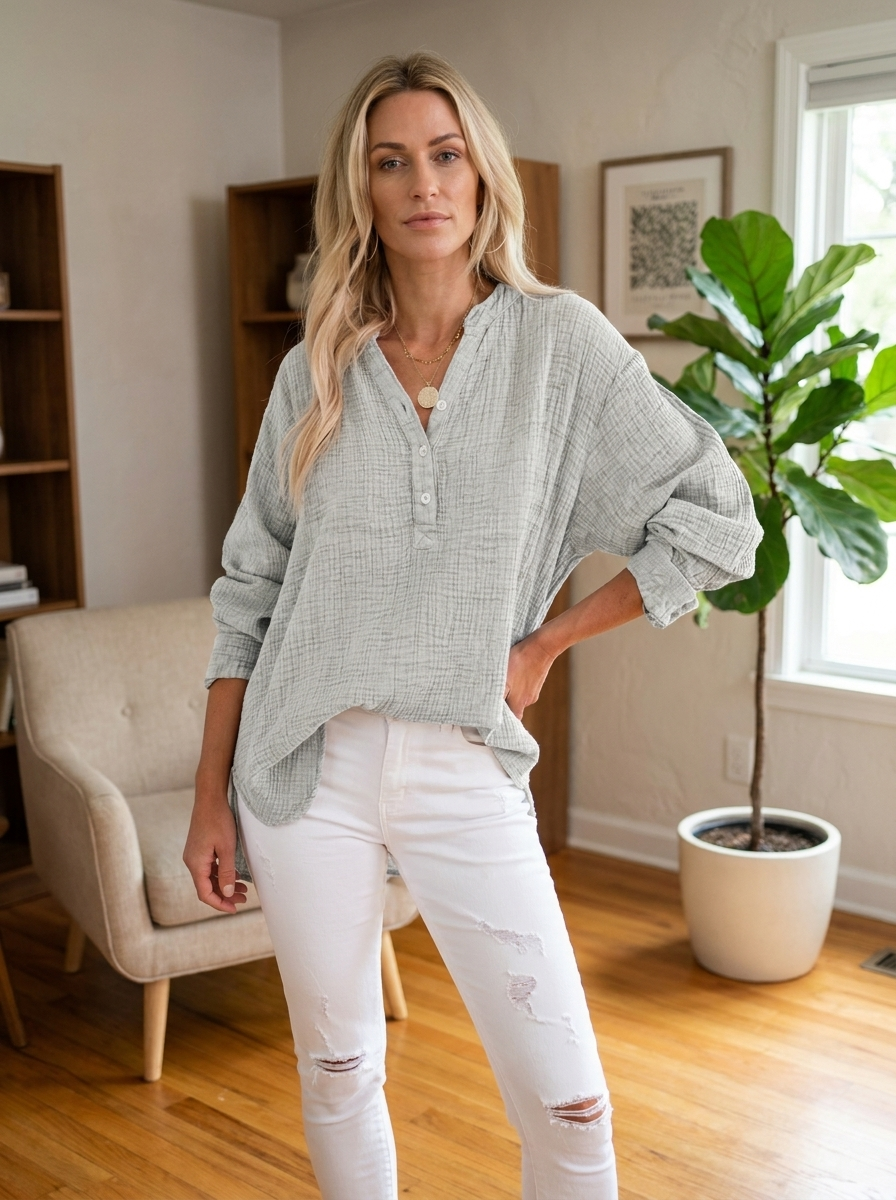 BRYLIN - Casual Button V-Neck Long Sleeve Oversized Blouse