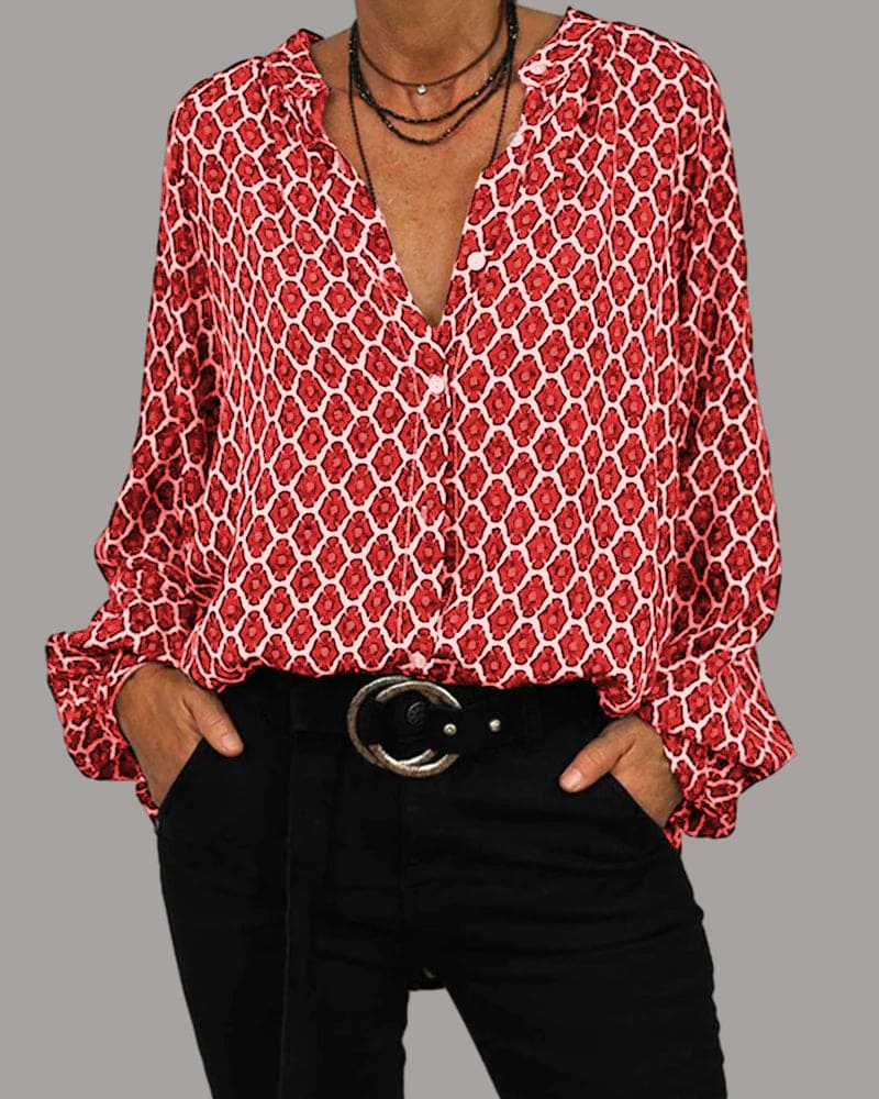 ELVIRA - Geometric V-Neck Blouse